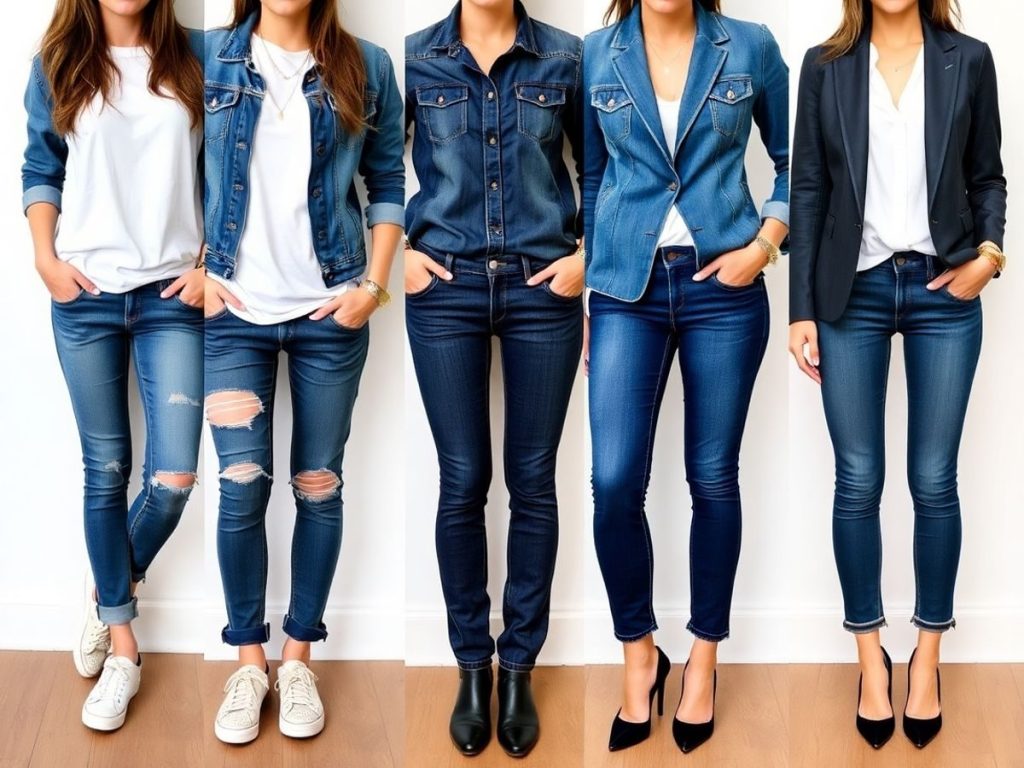 Femeie în denim, stiluri variate, de la casual la elegant.