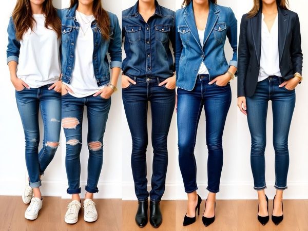 Femeie în denim, stiluri variate, de la casual la elegant.
