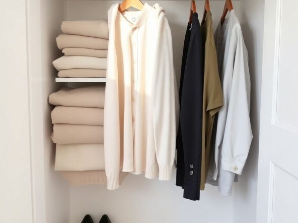 Garderobă minimalistă, culori neutre, articole puține, bine organizate.