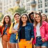 Adolescenți zâmbitori, îmbrăcați în ținute colorate, la modă.