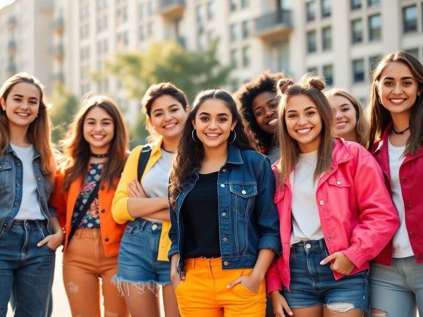 Adolescenți zâmbitori, îmbrăcați în ținute colorate, la modă.
